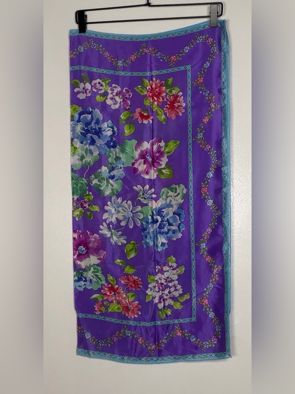 Liz Claiborne Purple Floral Satin Rectangular Scarf with Blue Trim